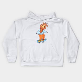 Funny animal bull on snowboard hand drawn Kids Hoodie